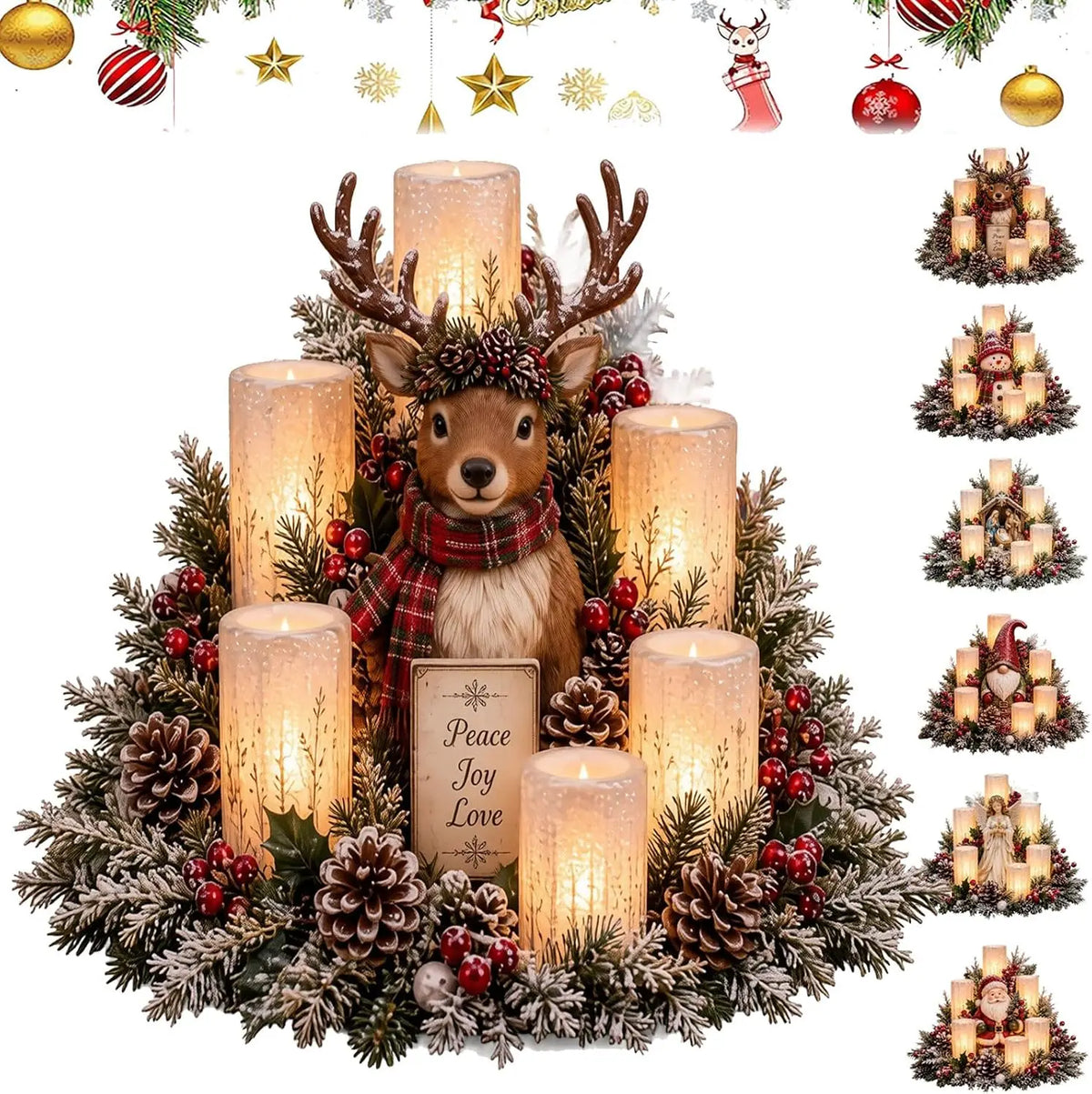 Christmas Lighted Table Centerpiece, Flameless Candle Glow, 8 Designs