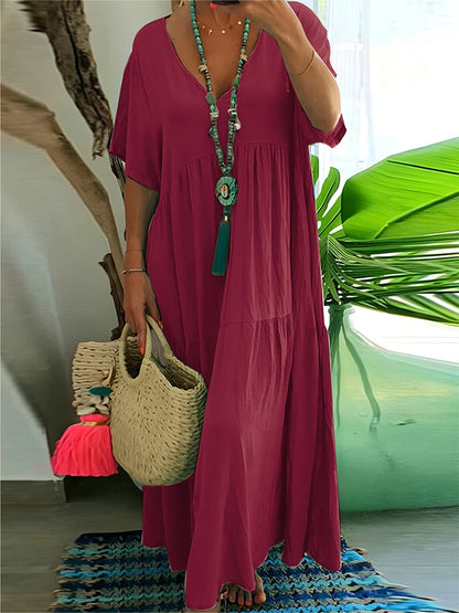 Sizes to 5XL, Loose Casual Midi Dress, V-neck, Short Loose Sleeves