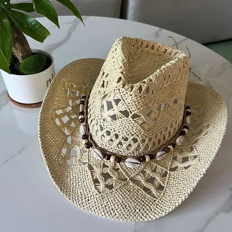 Bohemian 100% Recycles Paper Cowboy Hats with Wooden Beads and Shells Western wear 8 choices
