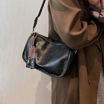 Zipper Closure  Crossbody Bag, Stylish Leather Shoulder Bag with Wide Strap