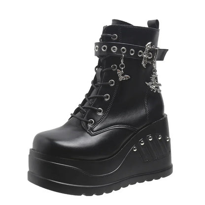 Punk Goth Platform Heels Wedge Heeled Boots, Tie and Strap Closures