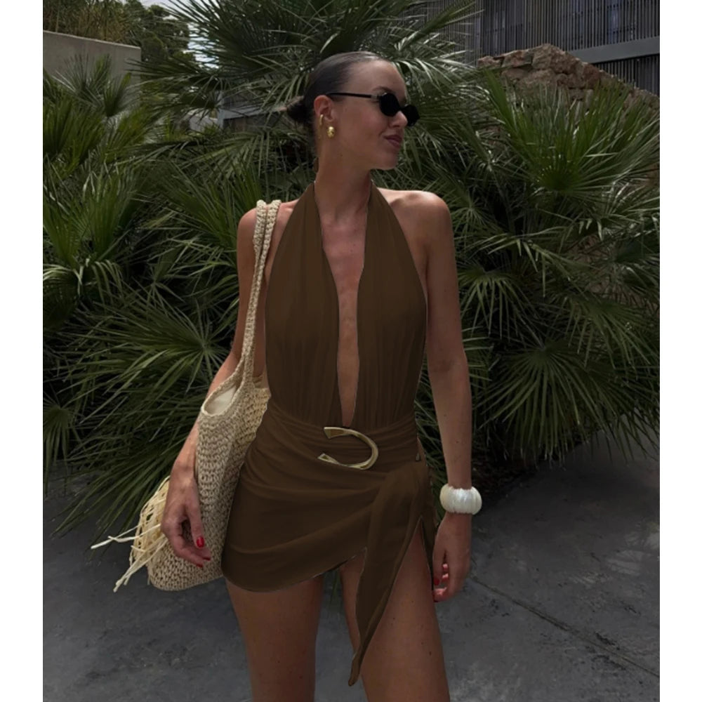 Two-Piece Swimsuit with Plunging Neckline Halter Top Swimwear with SSwiikirt cover-up