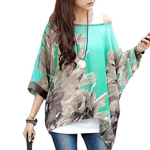 50 patterns to choose from, Plus Size, Boho Batwing Casual Sheer Chiffon Summer Top