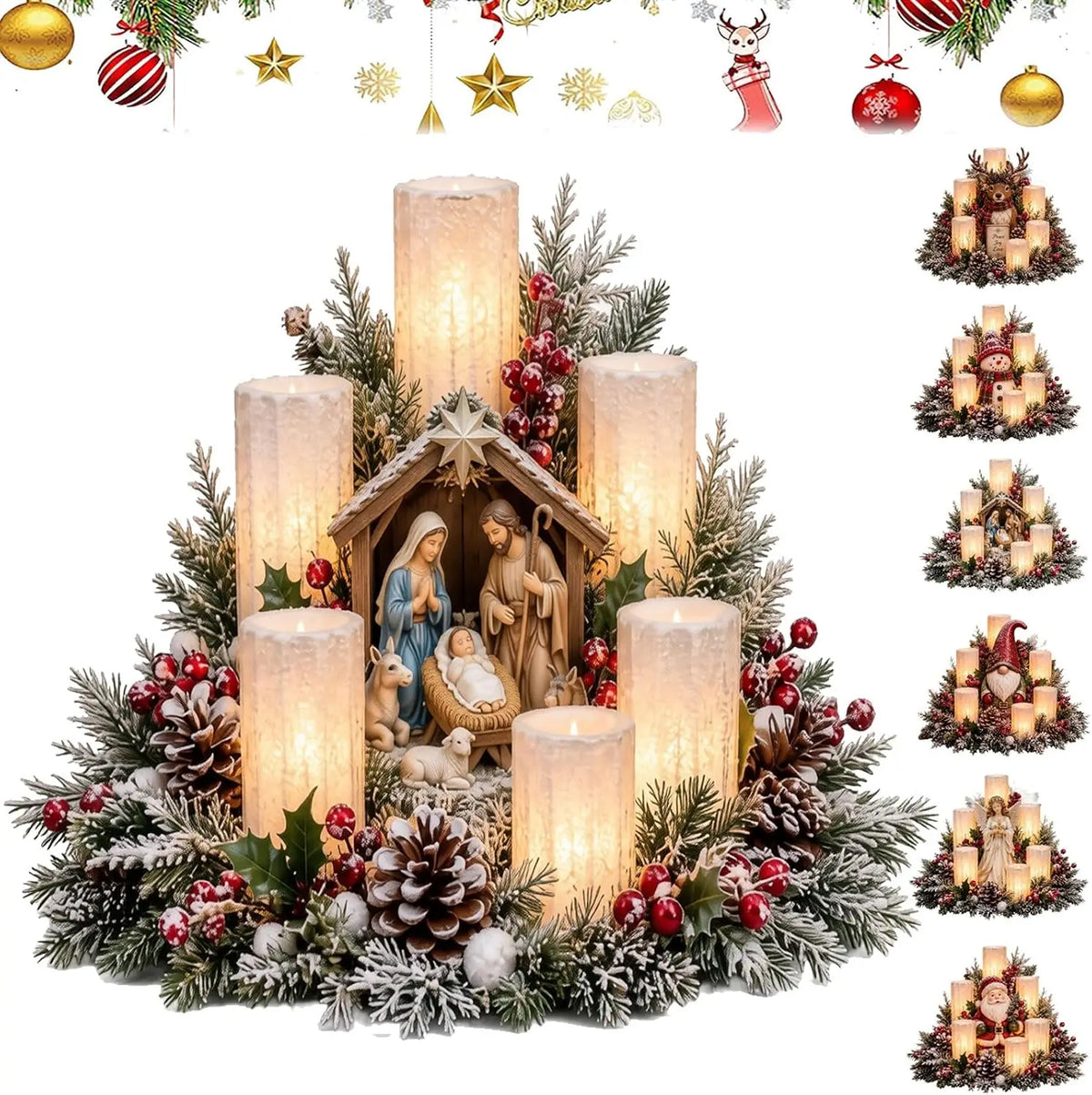 Christmas Lighted Table Centerpiece, Flameless Candle Glow, 8 Designs
