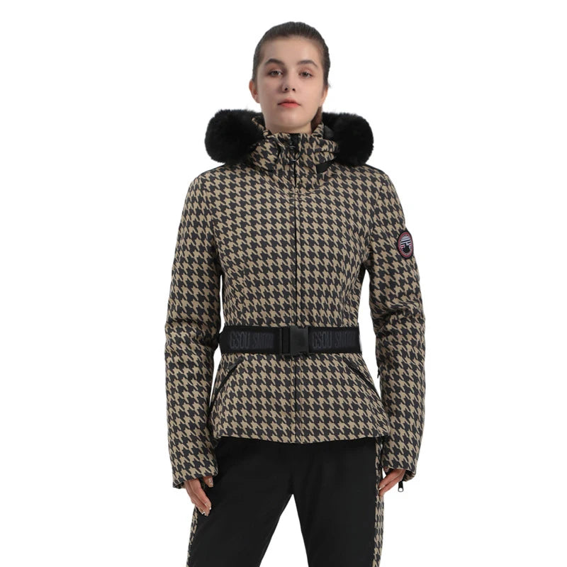 Warm Windproof Hooded Ski Jacket in 8 colors, including Black and White Houndstooth. Ski Pants Sold Separately
