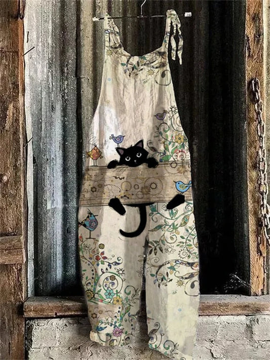 5 Fun Cat Prints with Adjustable Straps, Wide Legs,  Loose Casual Bib Overalls with Flexible Tie Straps