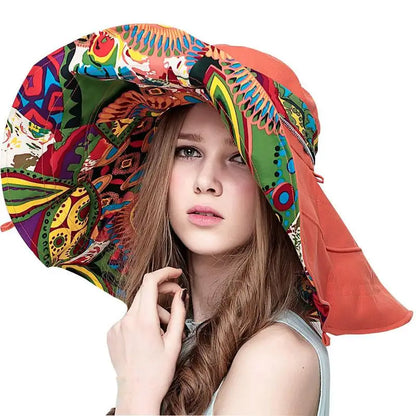 Large Beach Hat Flower Printed Wide Brim Geometric print underneath Wide Brim Various Print Selections