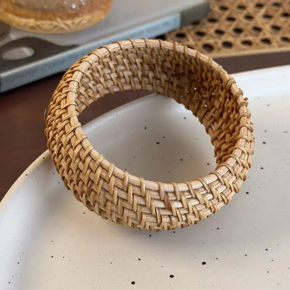 Boho Coffee Wood Bamboo Rattan Knit Wide Bracelets,  Hand-woven Wrapped Vintage Cuff Bracelets