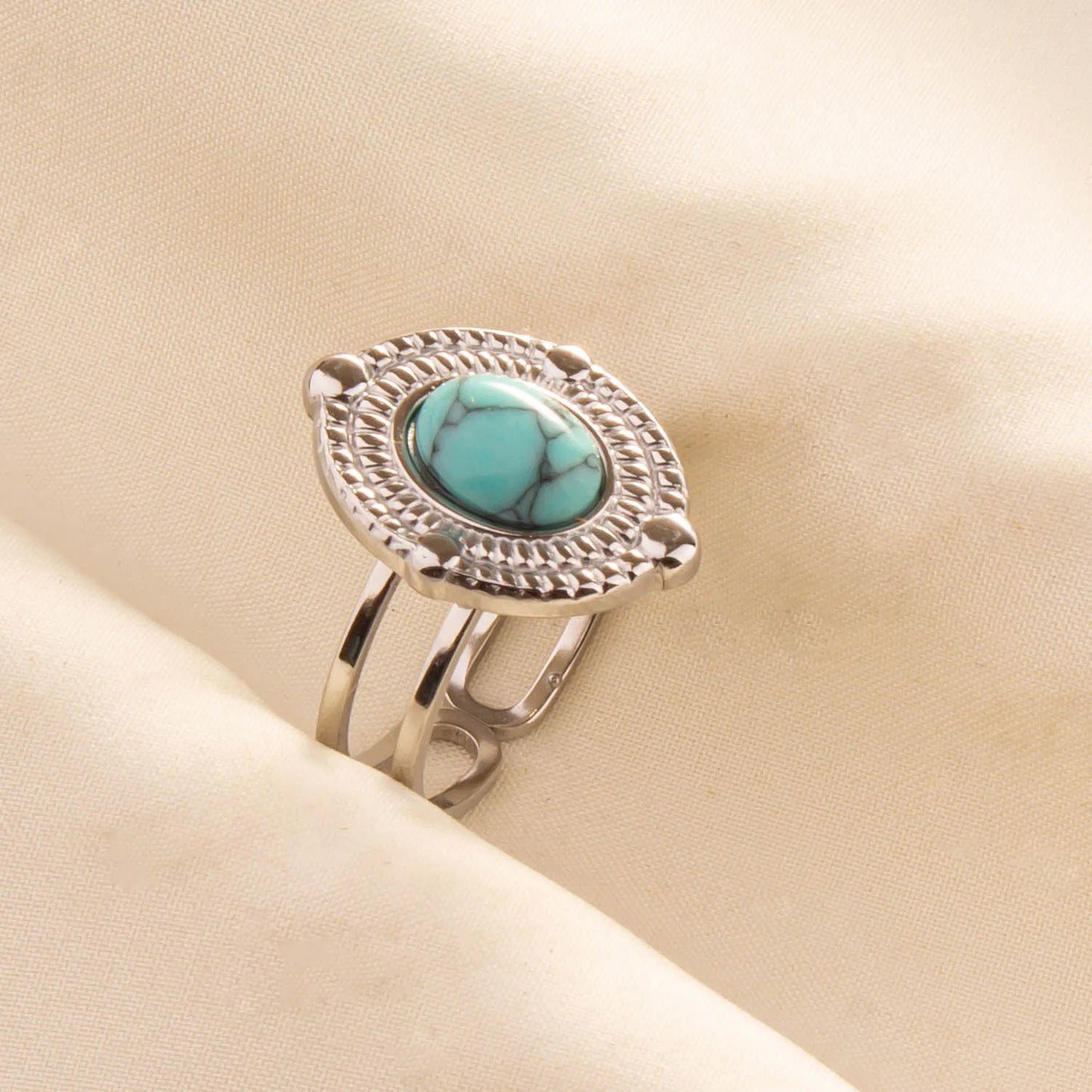 1pc Boho Turquoise Ring Stainless Steel Light Blue Gemstone Silver Adjustable Ring