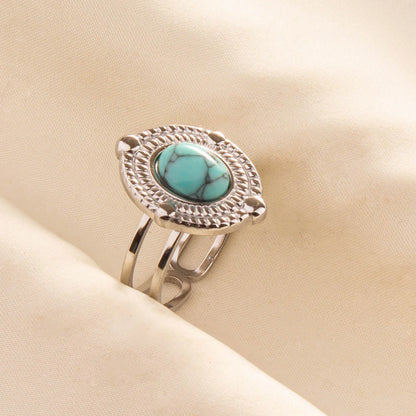 1pc Boho Turquoise Ring Stainless Steel Light Blue Gemstone Silver Adjustable Ring