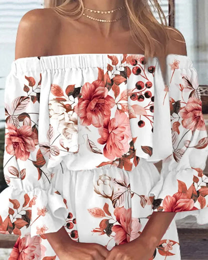 Sizes to 2XL Bohemian Off-Shoulder Floral & Leaf Print Mini Dress with Ruffled Hem and Bell Sleeves 5 Patterns