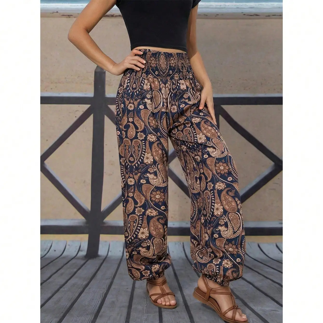 Boho Paisley Print High Waisted Harem Pants, Loose, Casual,  Elastic Cuff, Comfortable and Stylish