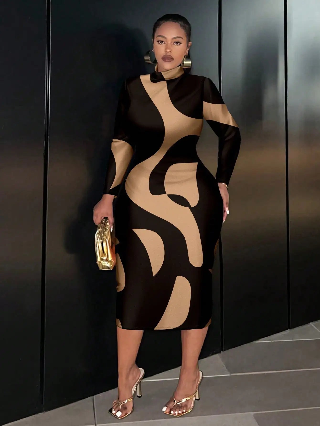 Plus Size to 4XL Tan and Black Dress fitted with Long Sleeves