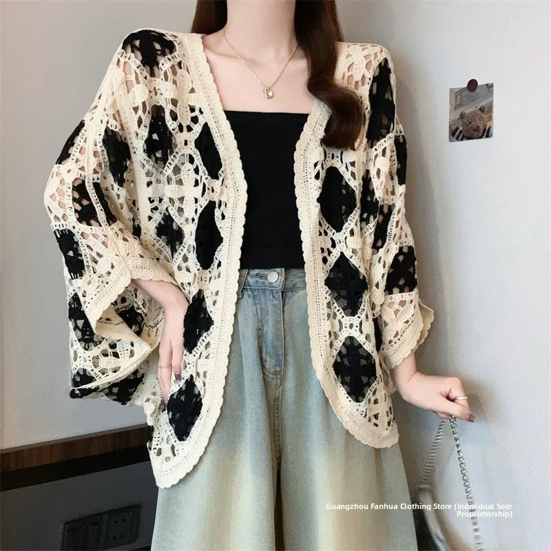 Bohemian Style Hollowed-out Long Sleeve Light Weight Sweater with V Neck and Batwing Sleeves