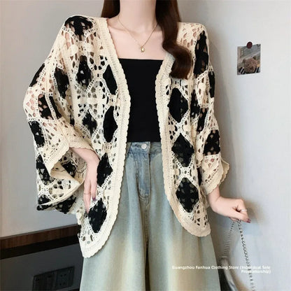 Bohemian Style Hollowed-out Long Sleeve Light Weight Sweater with V Neck and Batwing Sleeves