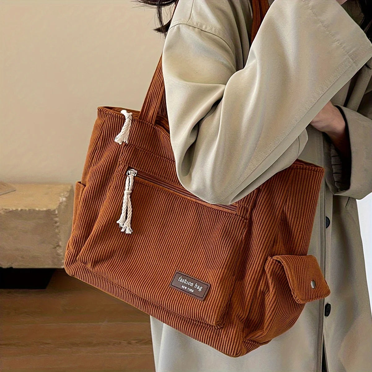 Simple Corduroy Tote Bag, Solid Color Shoulder Bag, Retro Multi Pockets