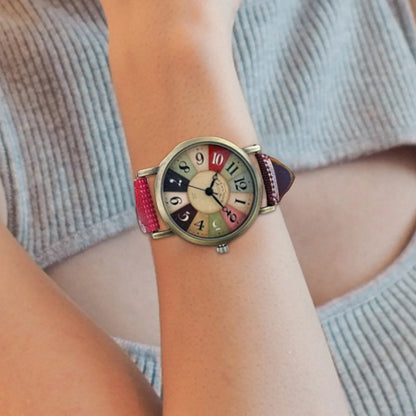 Boho Multi Color Rainbow Pattern Watches, Boho Hippie PU Leather Woven Strap