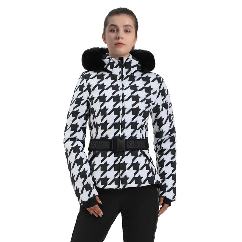 Warm Windproof Hooded Ski Jacket in 8 colors, including Black and White Houndstooth. Ski Pants Sold Separately
