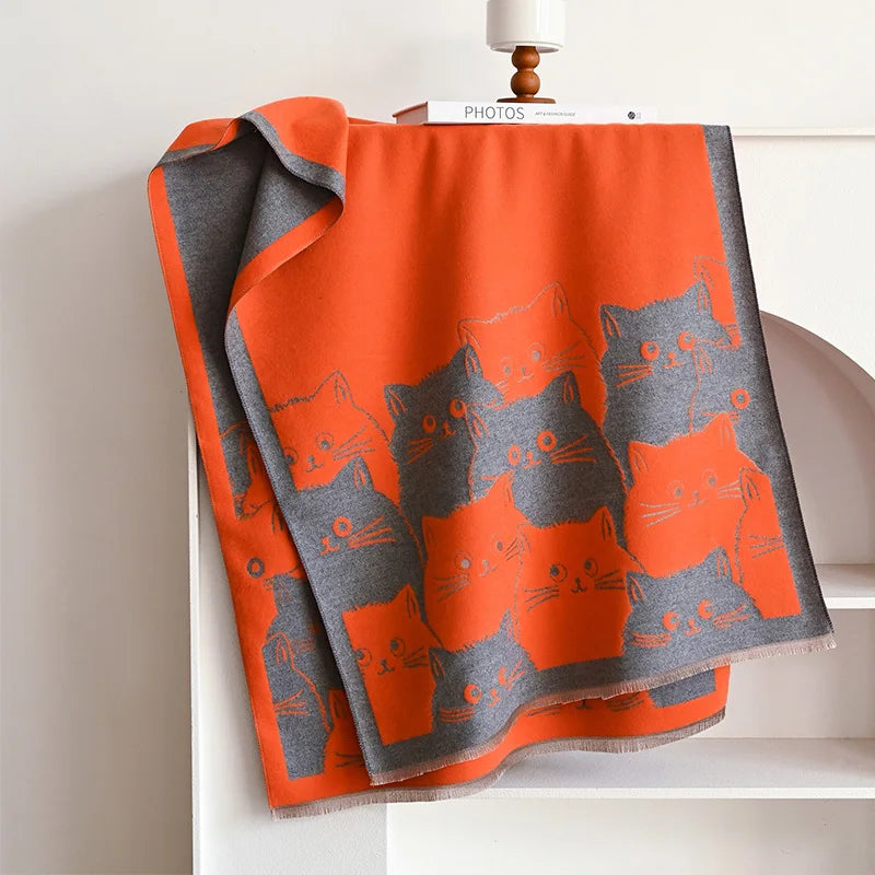 Cute Cat Ladies' Jacquard Pashmina Cashmere Scarf Thick Warm