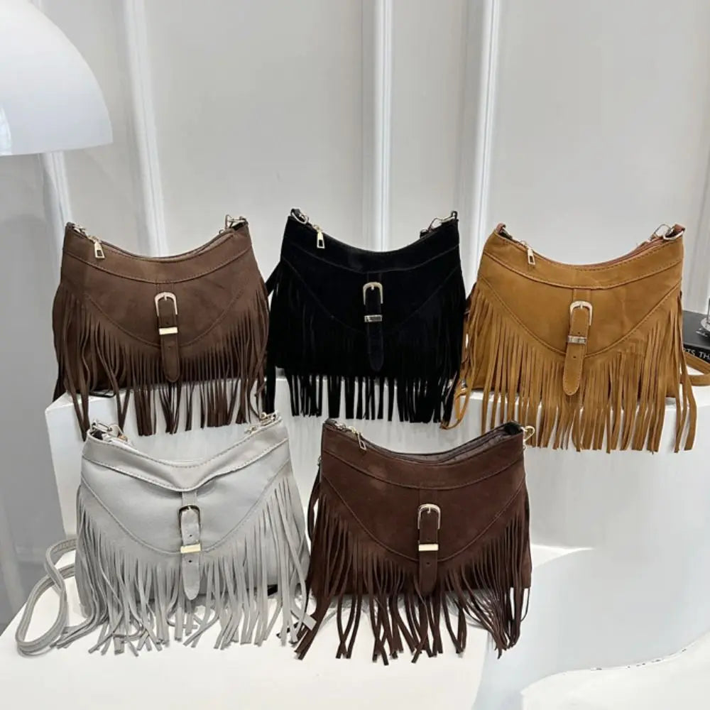 Bohemian Suede Leather Under-Arm Zipper, Tassels, Shoulder Bag, Solid Color PU Leather, Black, Grey, Coffee, and Light Brown