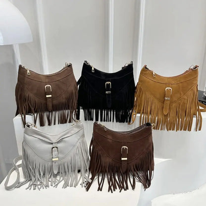 Bohemian Suede Leather Under-Arm Zipper, Tassels, Shoulder Bag, Solid Color PU Leather, Black, Grey, Coffee, and Light Brown