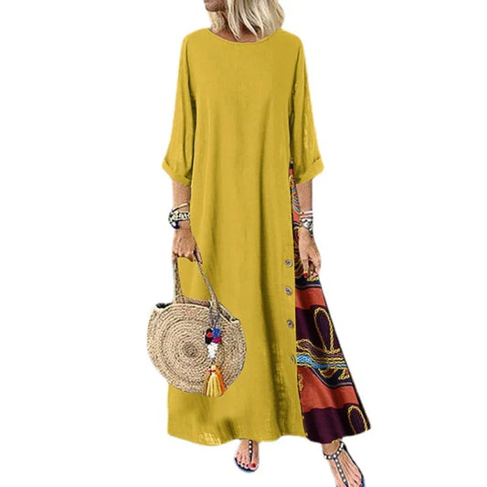 Vintage Boho Cotton Linen  Dresses in sizes to 3XL in 9 colors, Loose, Flowing, Casual, Brightly colored side insert, and Decorative buttons