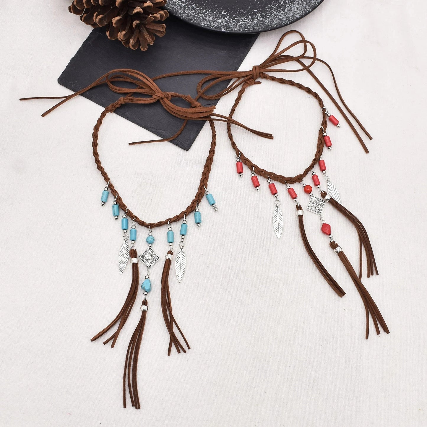 Retro Brown Leather Rope Woven Indian Necklace Acrylic Bead Leather Tassel Choker Ethnic Tribal Statement Jewelry also in Red Beads