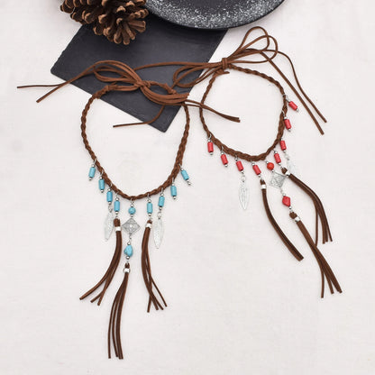 Retro Brown Leather Rope Woven Indian Necklace Acrylic Bead Leather Tassel Choker Ethnic Tribal Statement Jewelry also in Red Beads