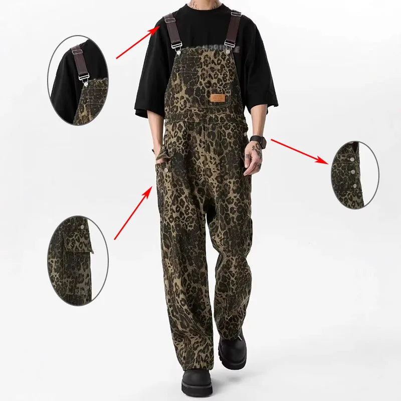 Sizes to 3XL Retro Leopard Print Workwear Overalls Jumpsuit Large Pocket Straight Wide Leg Denim Pant