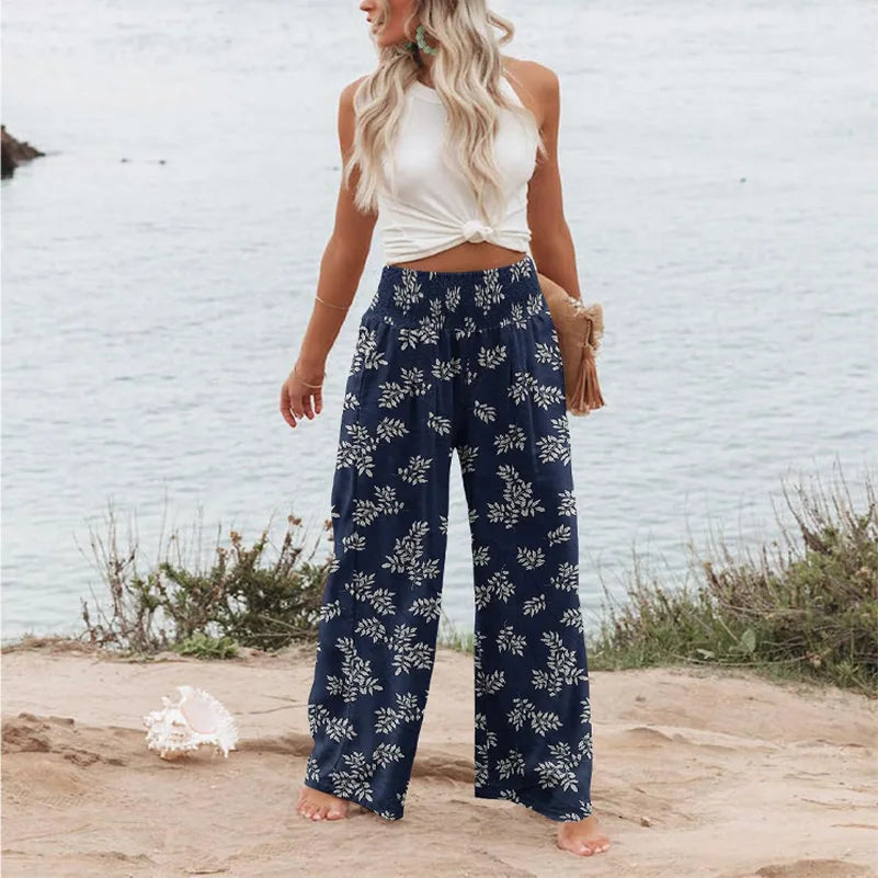 Sizes to 5XL  Bohemian Floral printed, wide leg pants, elastic waist, casual pants with pockets
