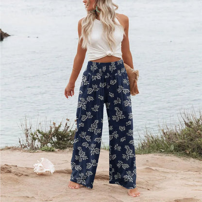 Sizes to 5XL  Bohemian Floral printed, wide leg pants, elastic waist, casual pants with pockets