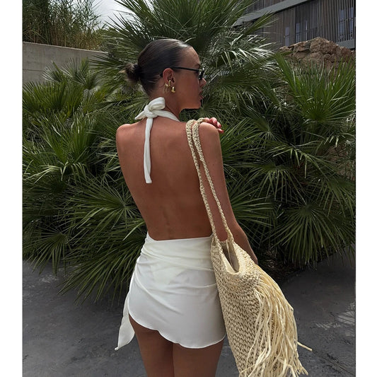 Two-Piece Swimsuit with Plunging Neckline Halter Top Swimwear with SSwiikirt cover-up