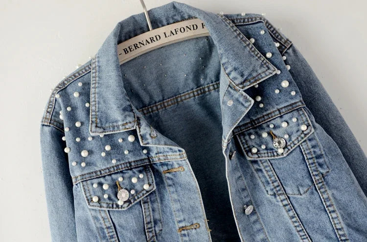 To Sizes 5XL Versatile Pearl Cropped Denim Jacket Loose Fit