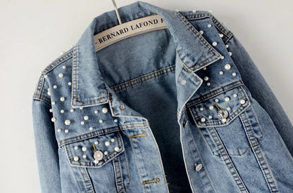 To Sizes 5XL Versatile Pearl Cropped Denim Jacket Loose Fit