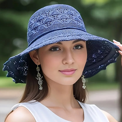 Summer straw hat with design and large brim Sun Hat Various colors