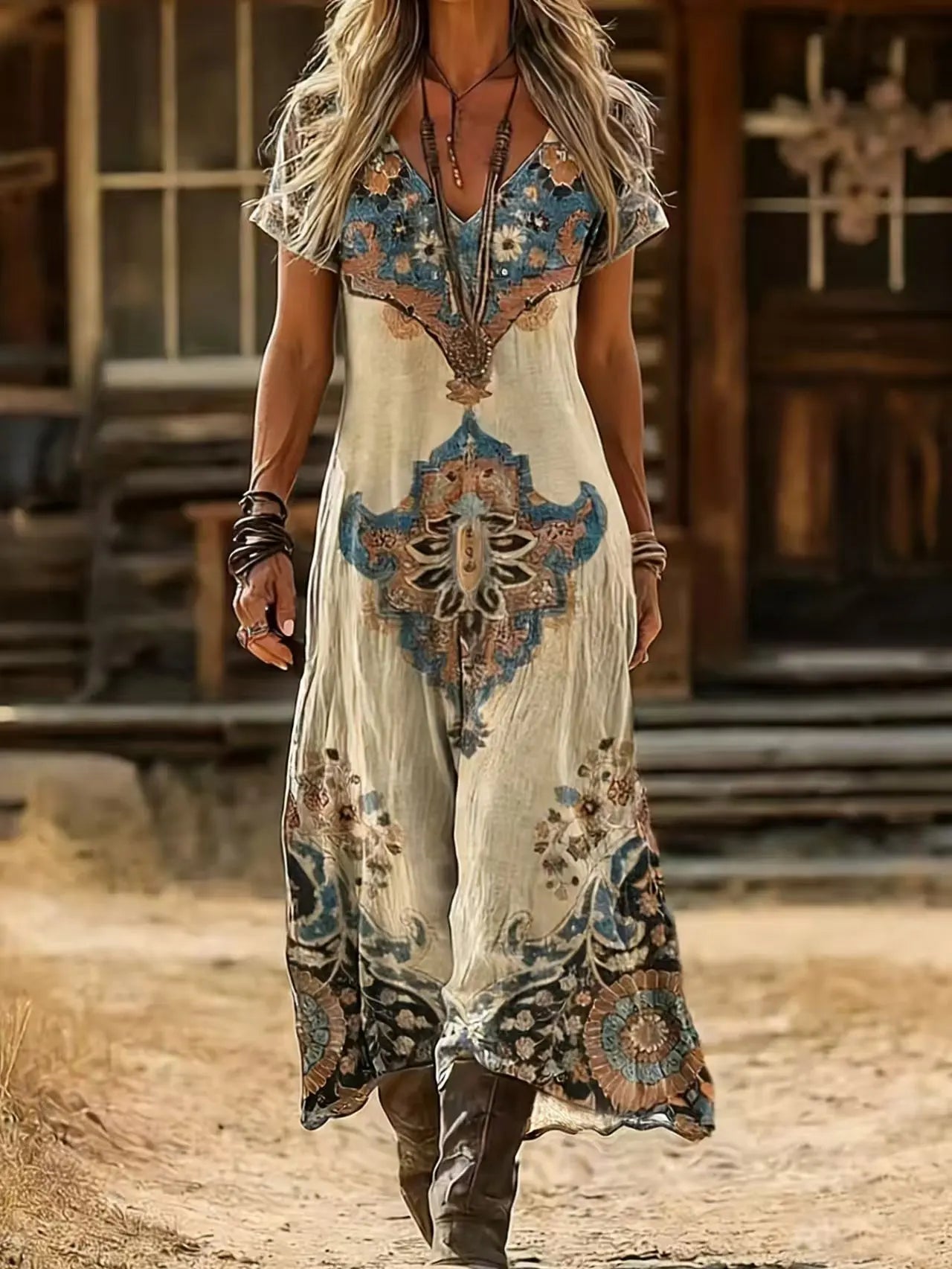 4 Designs in Sizes to 5XL, Boho Retro, V-neck, Midi, Short Sleeves