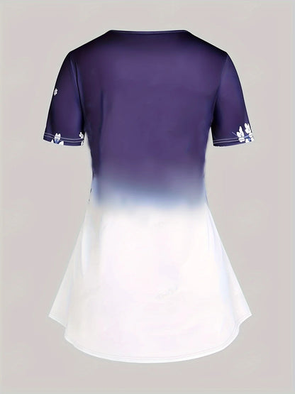 Sizes to 5XL, 2 Piece Casual Suits, Blue and White Flower Print on Top and Pants, Short Sleeve, Round Neck, Capri Pants