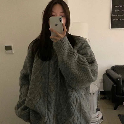 Thick Warm Cable Knit Oversized Pullover Sweater, 2 Colors