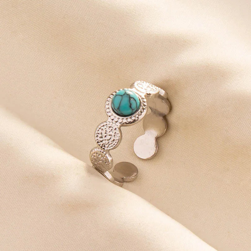 1pc Boho Turquoise Ring Stainless Steel Light Blue Gemstone Silver Adjustable Ring