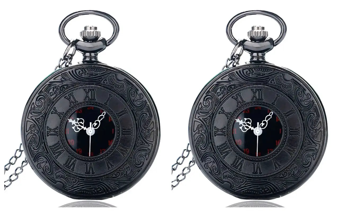 Vintage Charm Black Unisex Fashion Roman Numeral Quartz Steampunk Pocket Watch with Necklace chain
