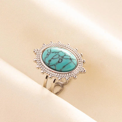 1pc Boho Turquoise Ring Stainless Steel Light Blue Gemstone Silver Adjustable Ring