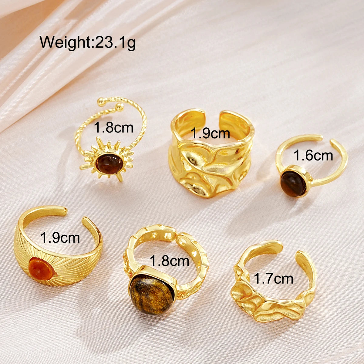 6pcs Boho Sunflower Tiger Eye Stone Ring Set, Open for Adjustable Sizing