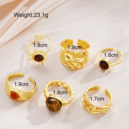 6pcs Boho Sunflower Tiger Eye Stone Ring Set, Open for Adjustable Sizing