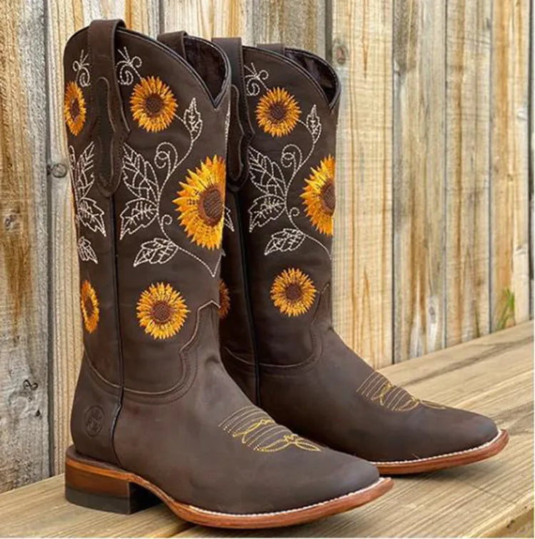 Embroidered Light, Medium, and Dark Brown Faux Leather Boots Deep High Female Casual Boots