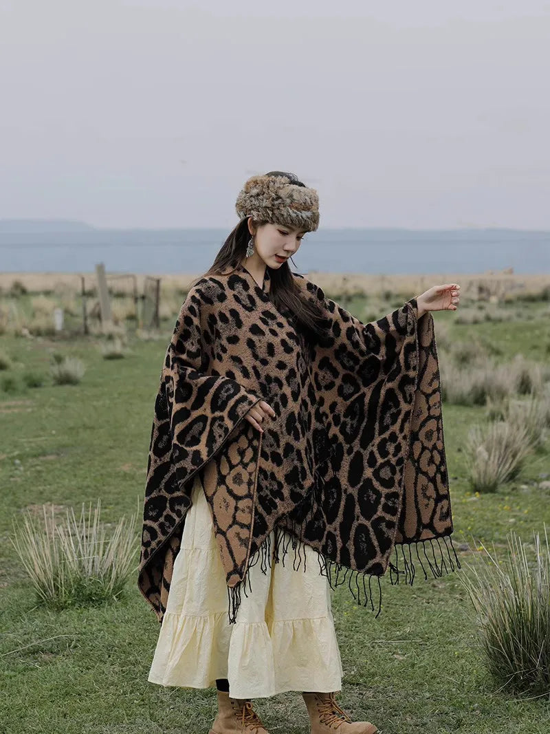 Vintage Boho Leopard Print Soft Over-the-Head Cloaks With Tassels