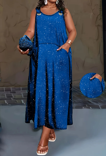 Sizes to 6XL, Women's Solid-Color Powder-Sprinkled Tank Top Dress with Side Pockets
