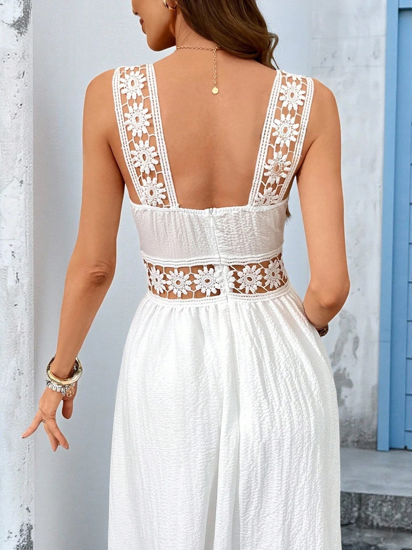 Boho Sizes to 2XL White Hollowed Out Cotton Lace at Empire Waist, Straps, and Top of Ruffle at Bottom