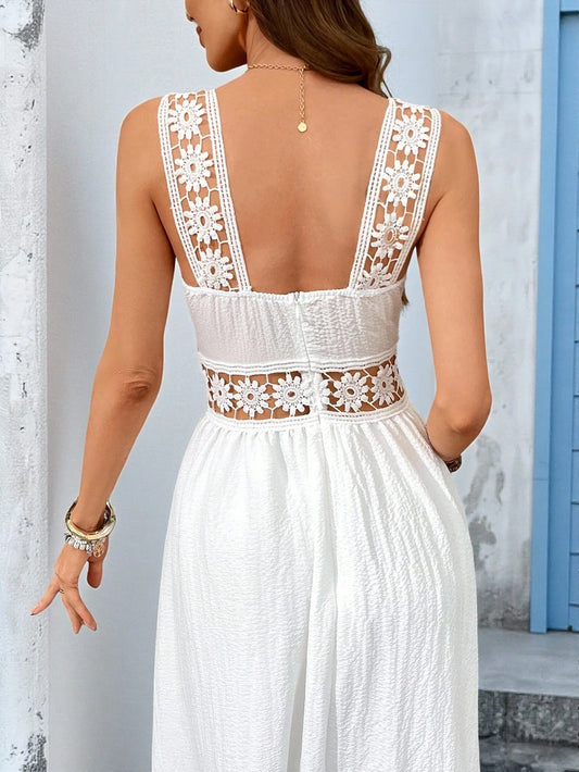 Boho Sizes to 2XL White Hollowed Out Cotton Lace at Empire Waist, Straps, and Top of Ruffle at Bottom