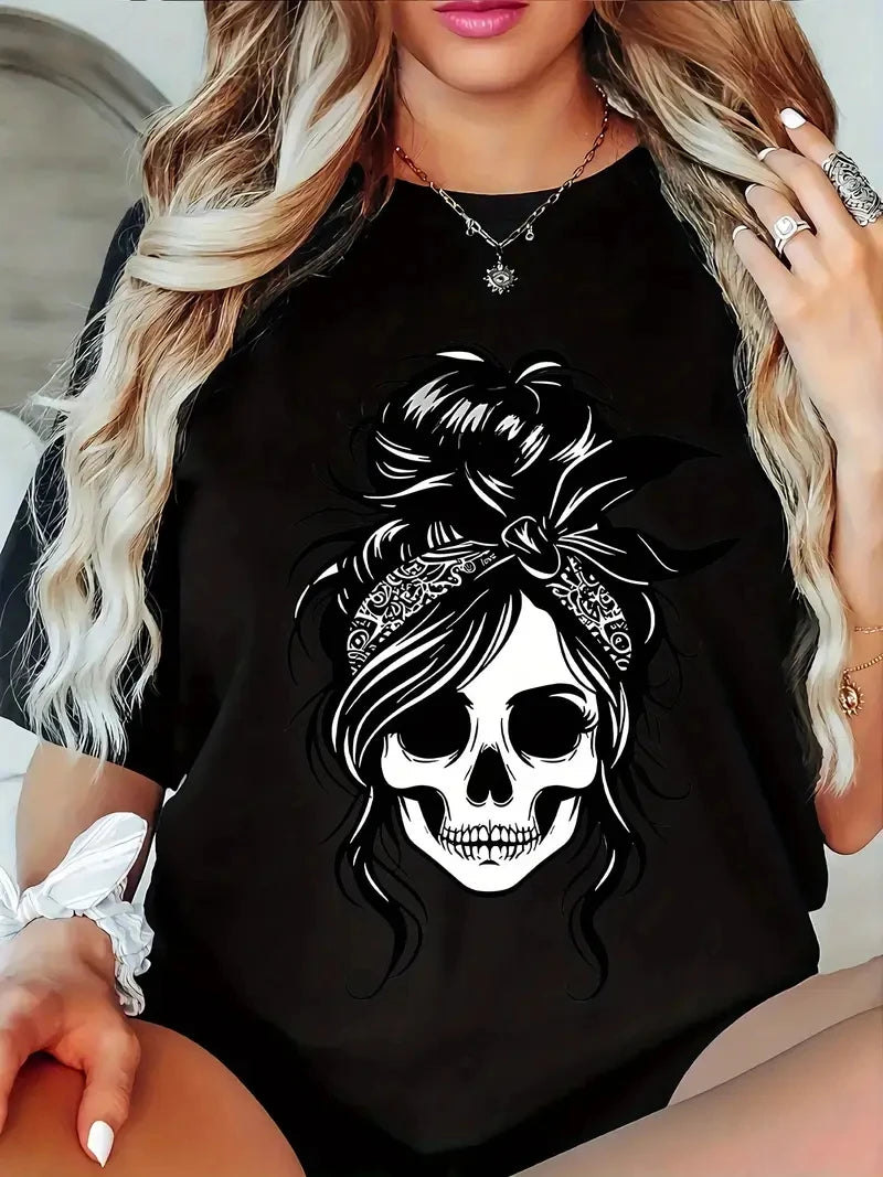 Sizes to 3XL Women's Casual T-Shirt - white skull with an Updo, black tee shirt