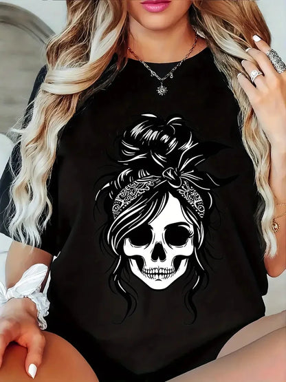 Sizes to 3XL Women's Casual T-Shirt - white skull with an Updo, black tee shirt
